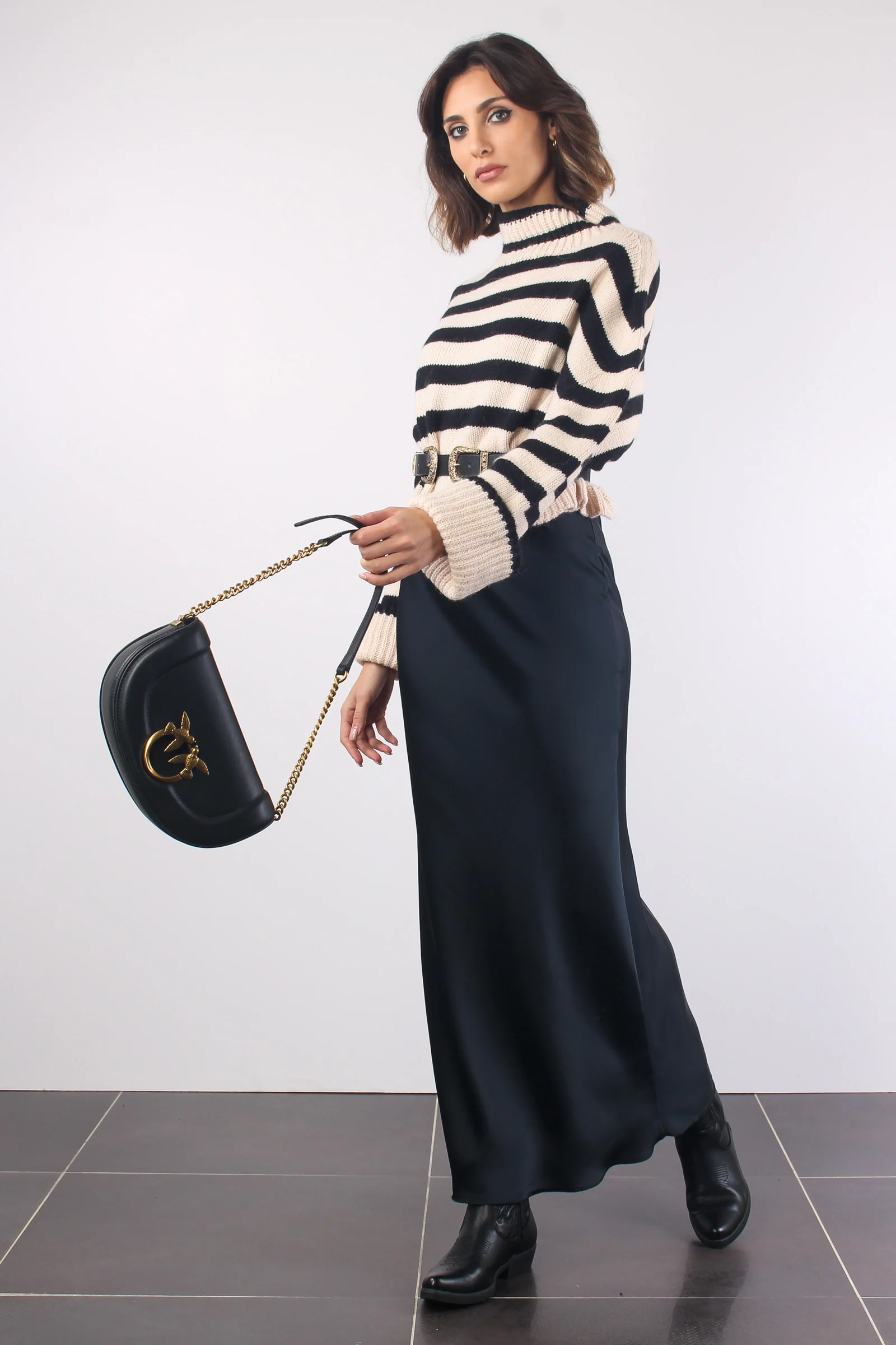 Maglia Righe Collo Sciallato Ecru/nero - immagine 4