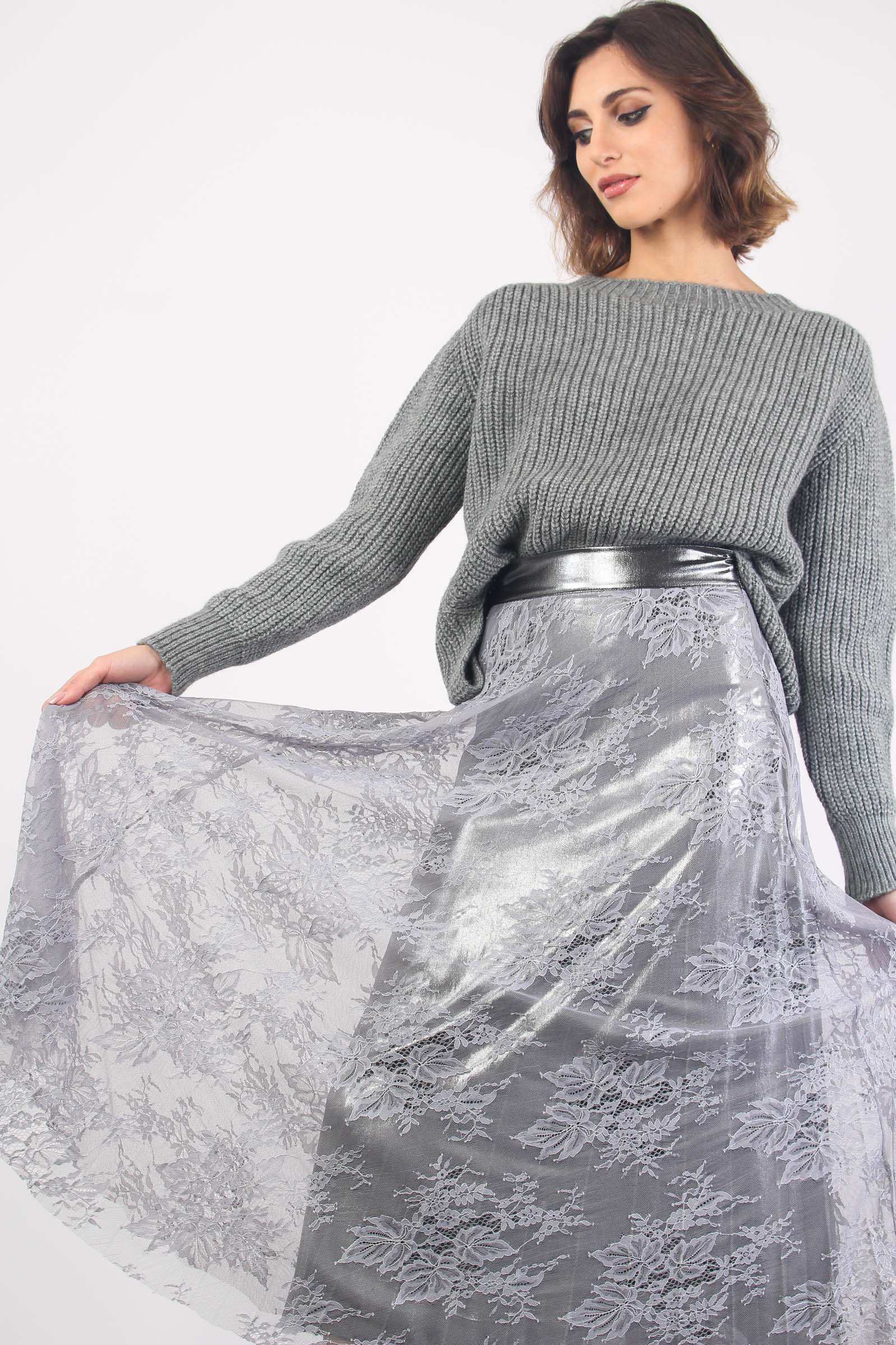 Gonna Lunga Pizzo Laminata Grigio Perla - immagine 8