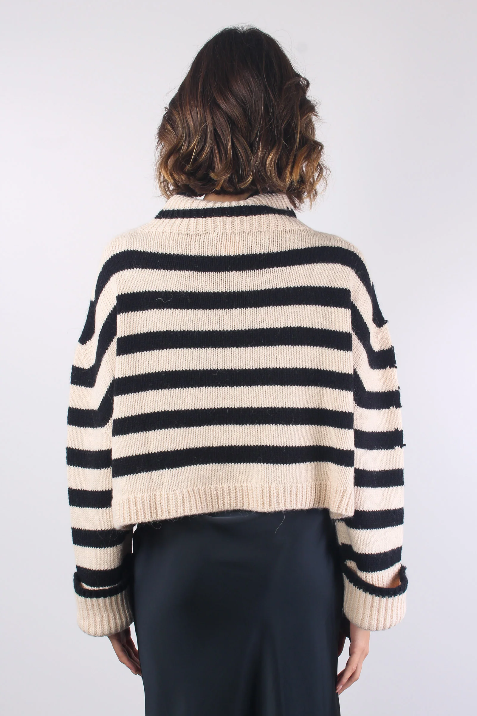 Maglia Righe Collo Sciallato Ecru/nero - immagine 3