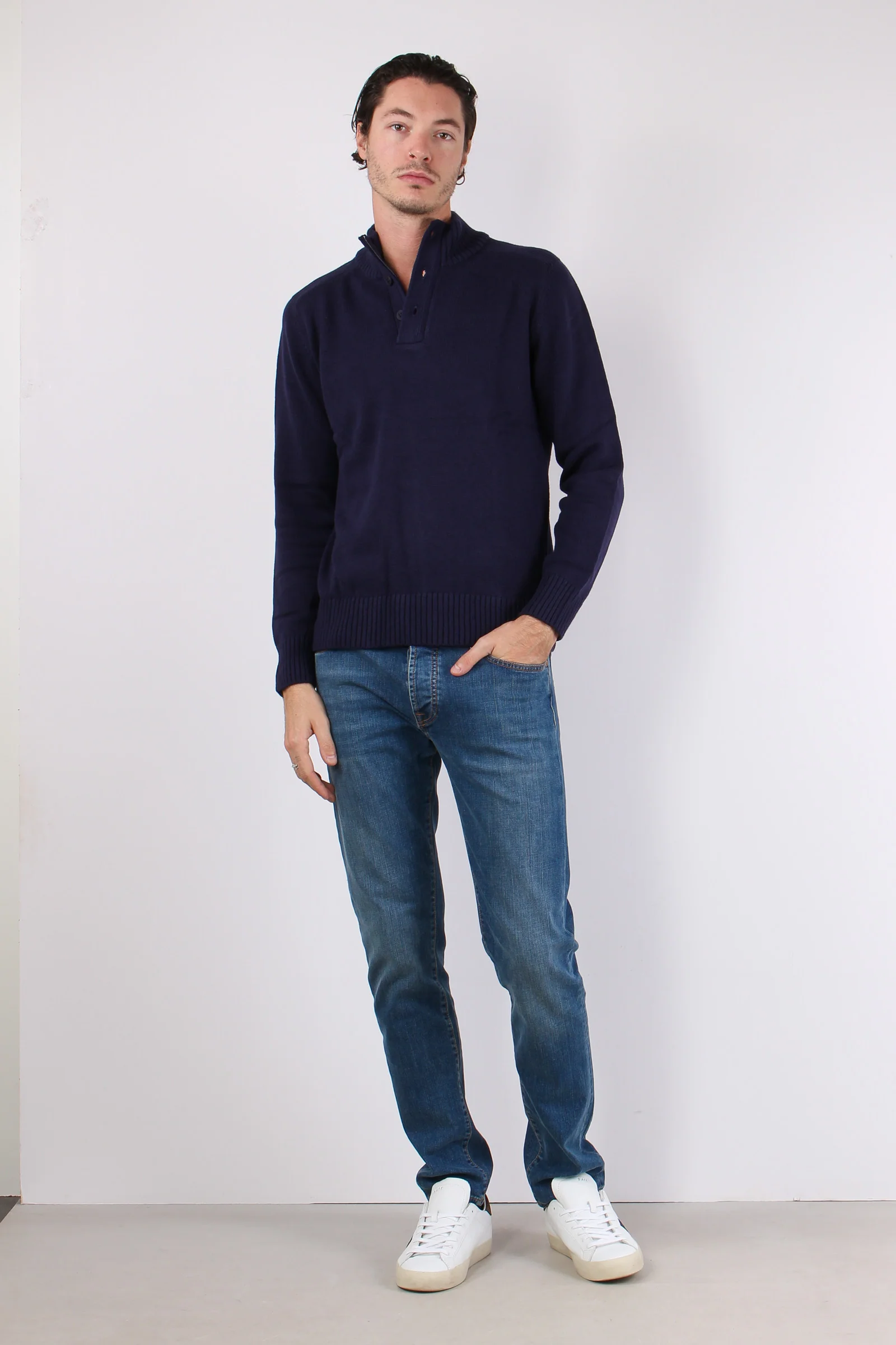 Collo Alto 3 Bottoni Cotone Poseidon Blue