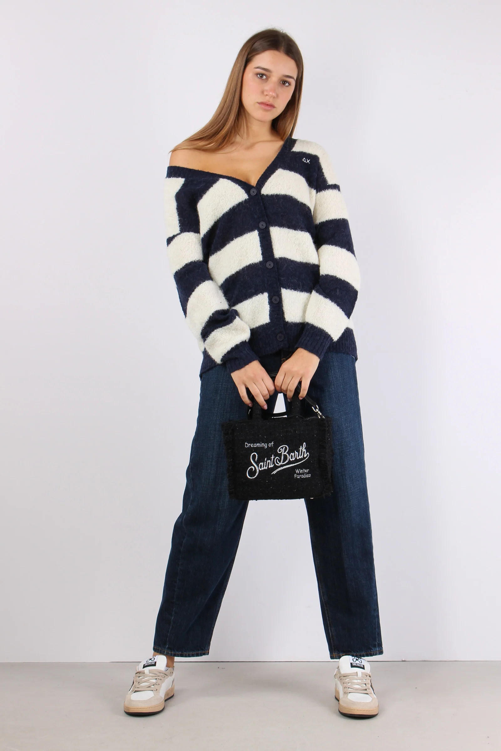 Cardigan Over Riga Bianco/navy - immagine 4