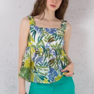 Top Spalla Arriccio Fantasia Tropical Leaves
