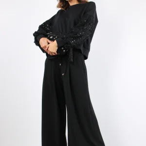 Felpa Manica Paillettes Tulle Nero