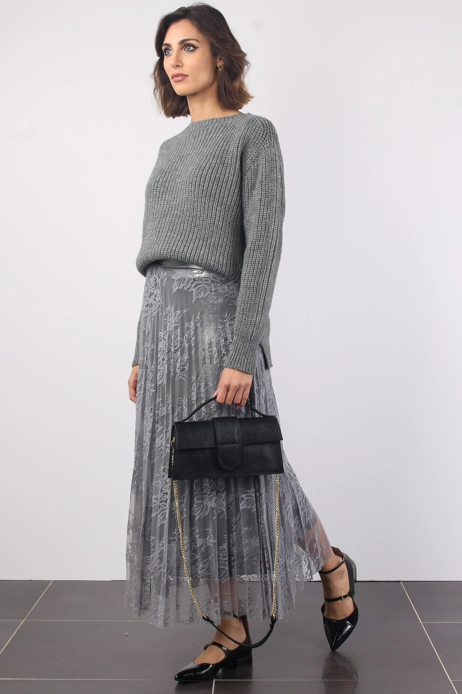 Gonna Lunga Pizzo Laminata Grigio Perla - immagine 5