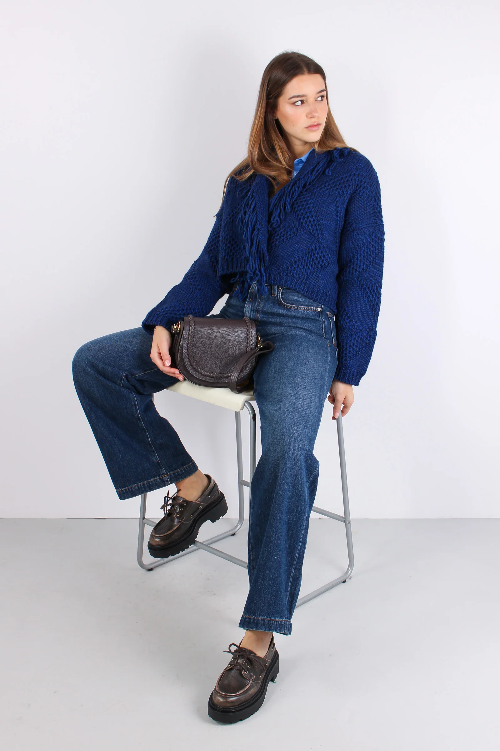 Cardigan Corto Effetto Uncinet Blu - immagine 6