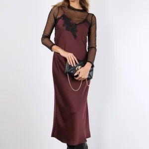 Abito Raso Inserto Pizzo Bordeaux