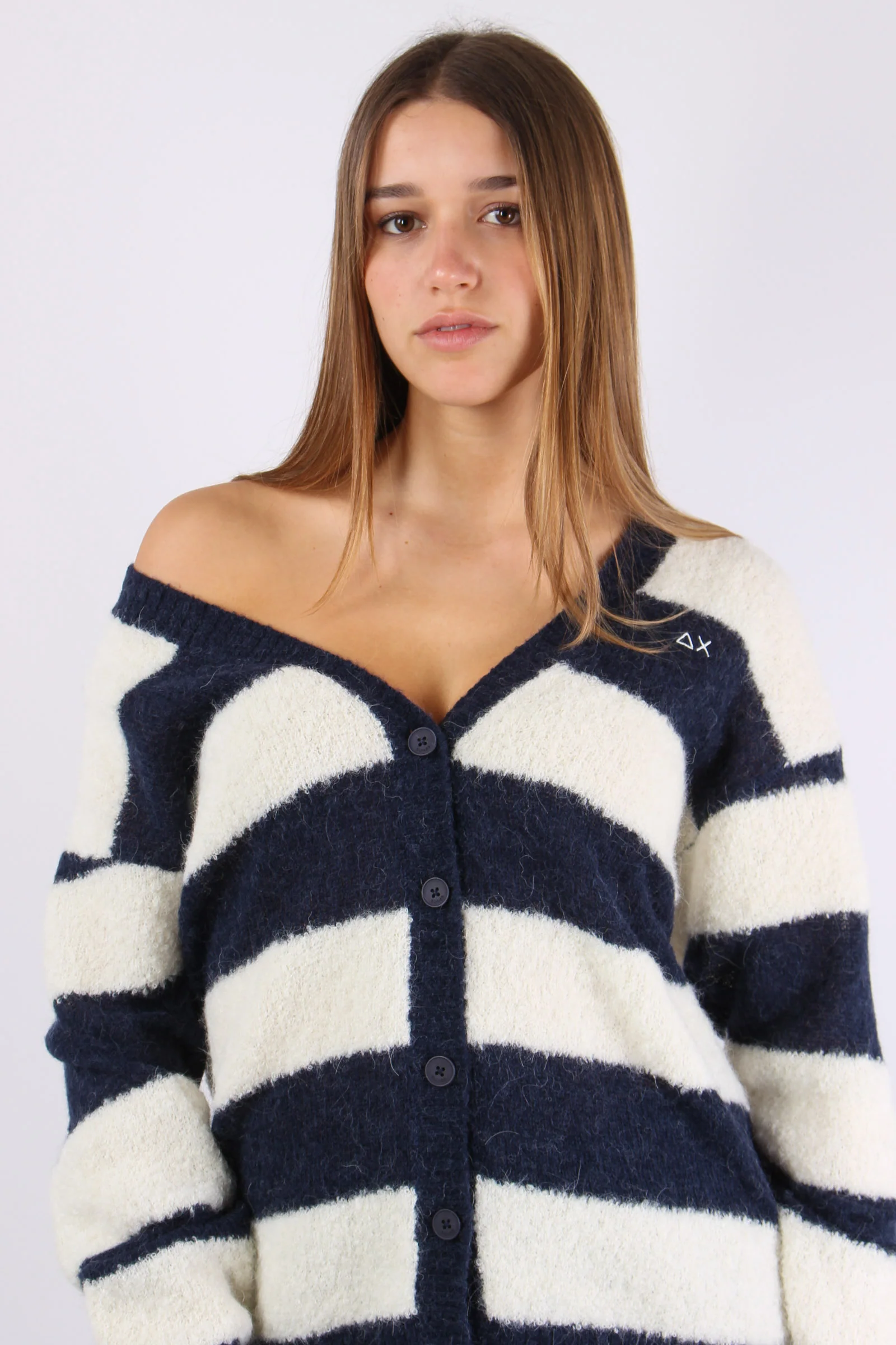 Cardigan Over Riga Bianco/navy - immagine 5
