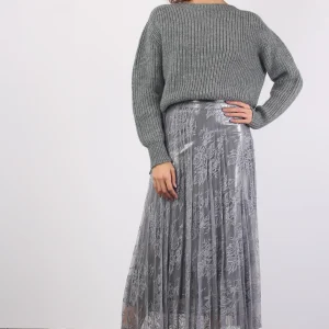 Gonna Lunga Pizzo Laminata Grigio Perla