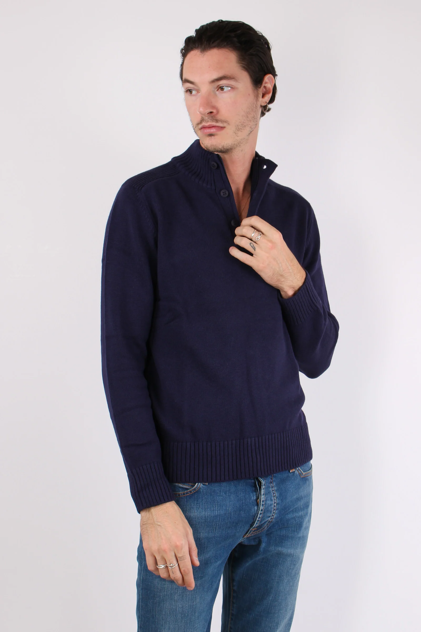 Collo Alto 3 Bottoni Cotone Poseidon Blue - immagine 3