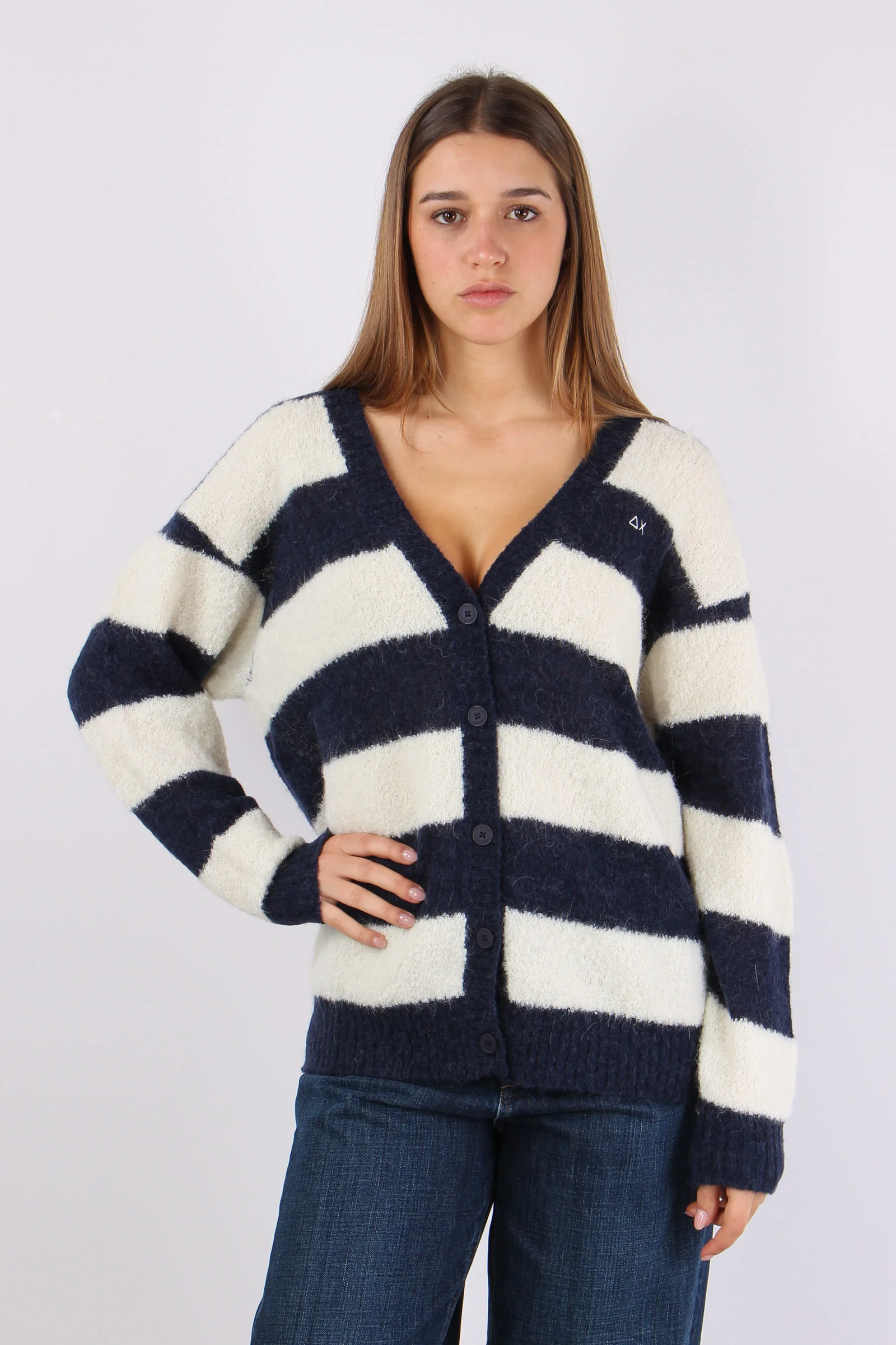 Cardigan Over Riga Bianco/navy - immagine 3