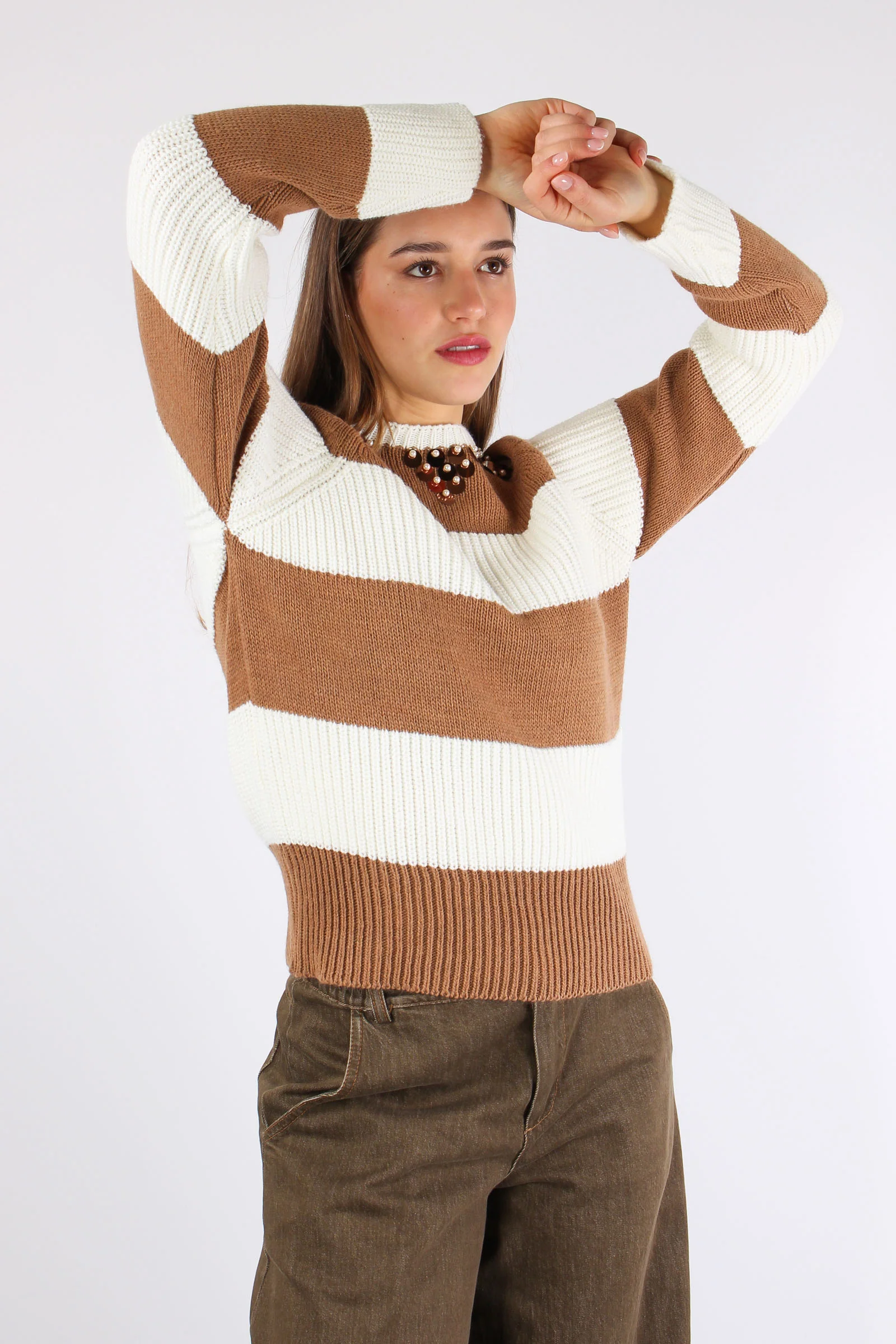 Maglia Riga Paillettes Panna/cammello - immagine 9