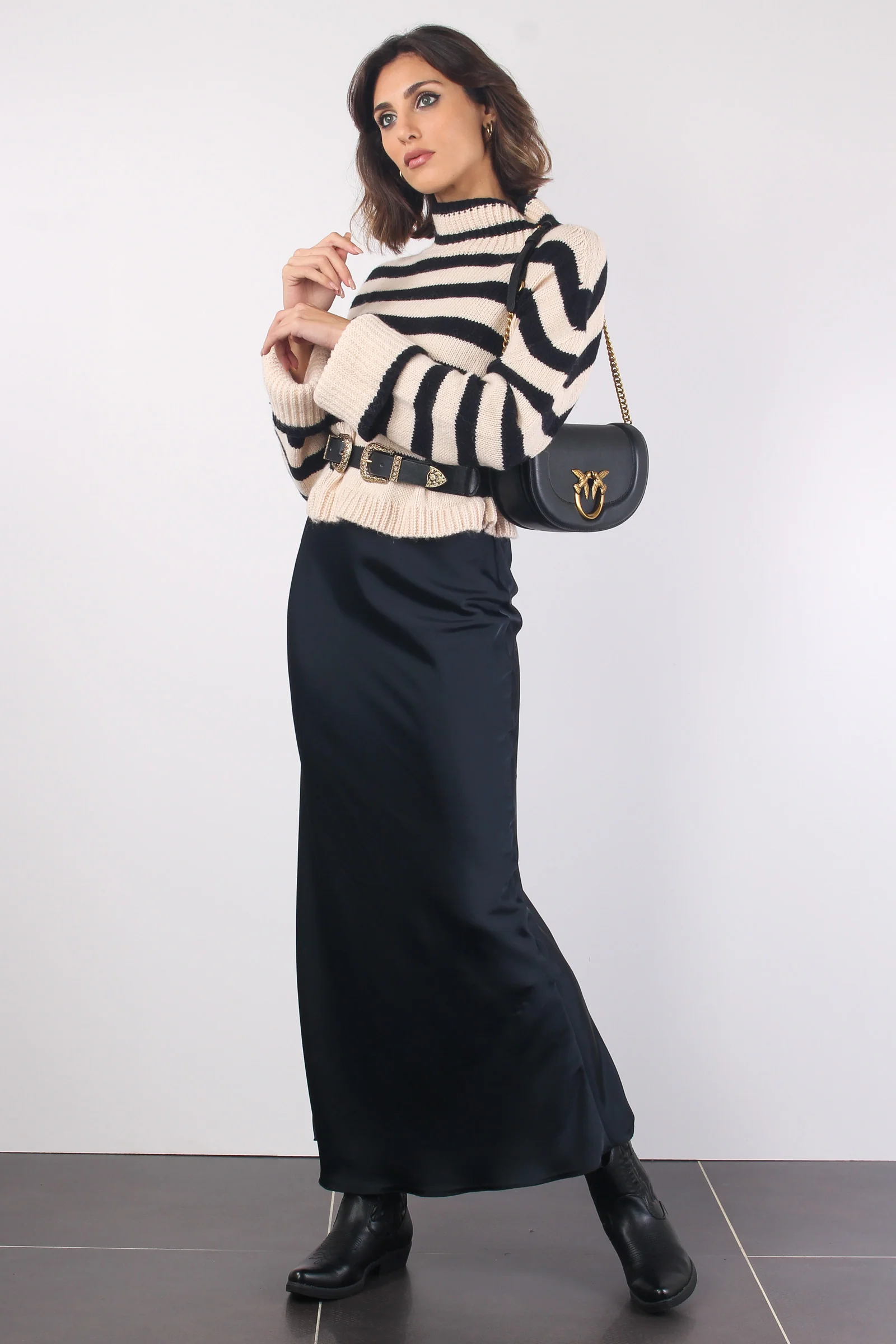 Maglia Righe Collo Sciallato Ecru/nero - immagine 6