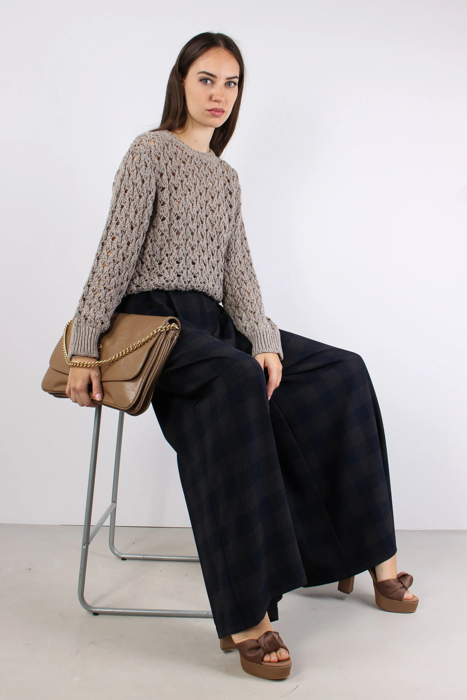 Pantalone Palazzo Quadri Blu/moro - immagine 6