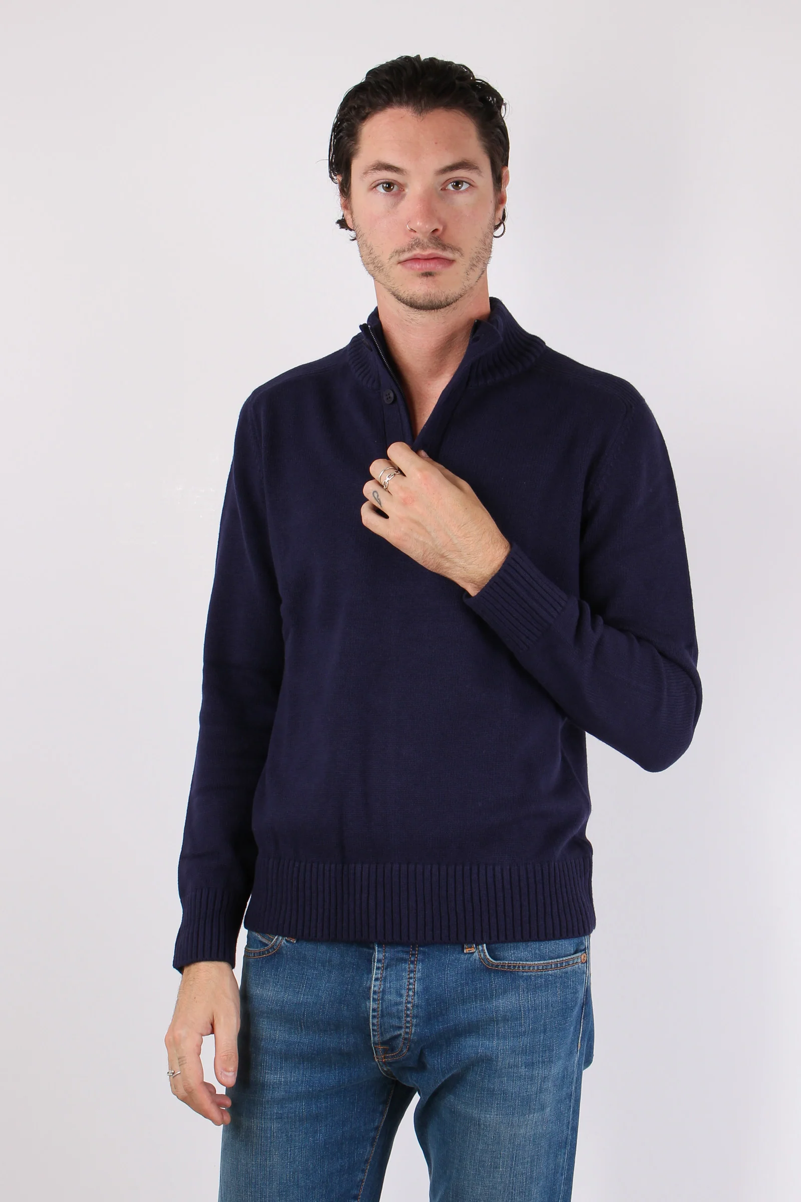 Collo Alto 3 Bottoni Cotone Poseidon Blue - immagine 5