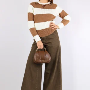 Maglia Riga Paillettes Panna/cammello