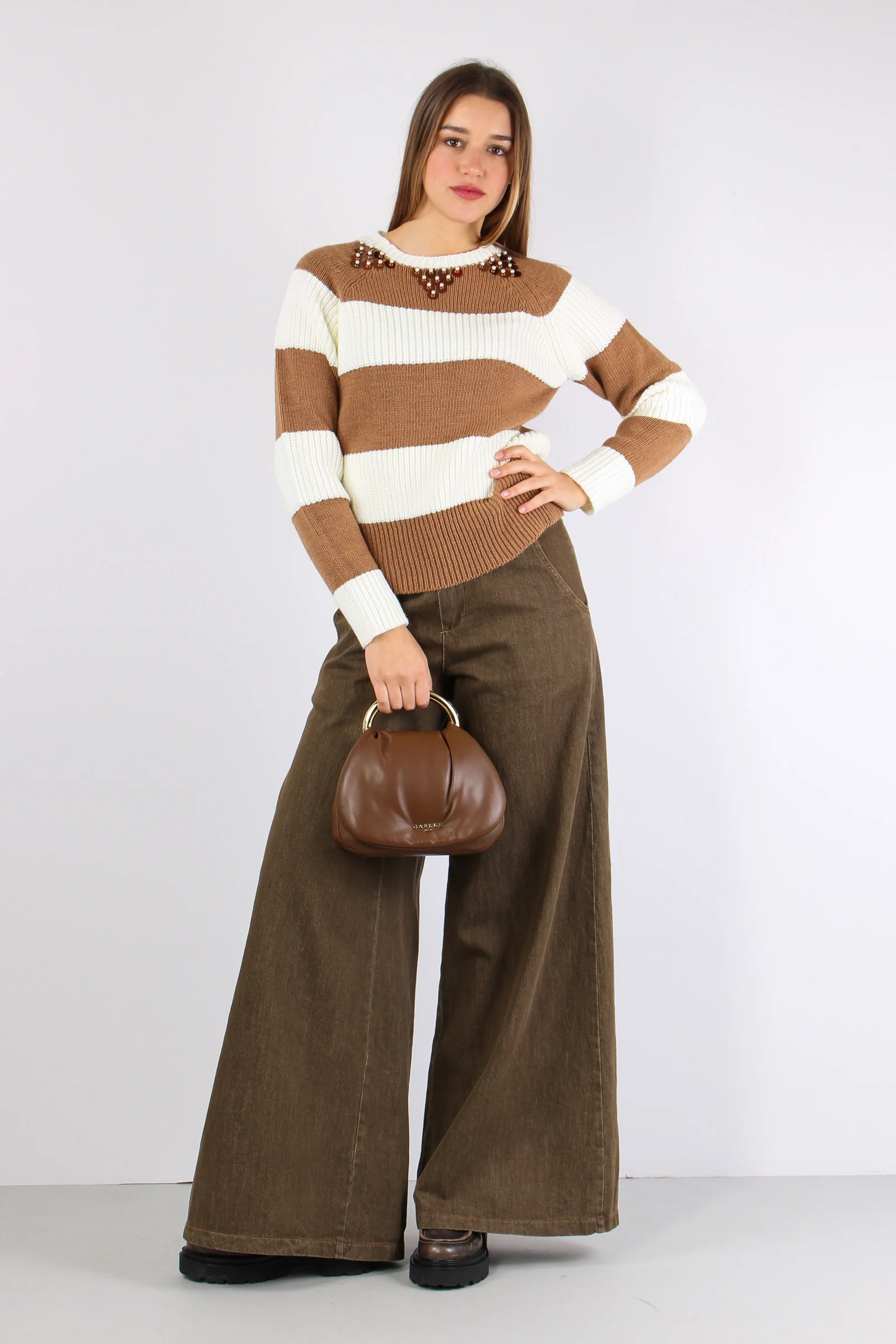 Maglia Riga Paillettes Panna/cammello