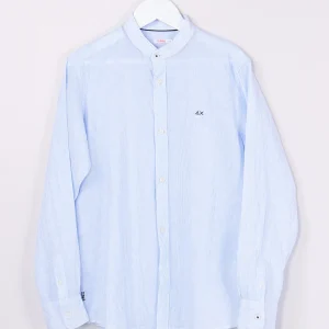 Camicia Coreana Misto Lino Bianco/azzurro