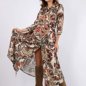 Abito Lungo Viscosa Fantasia Ottanio/bordeaux