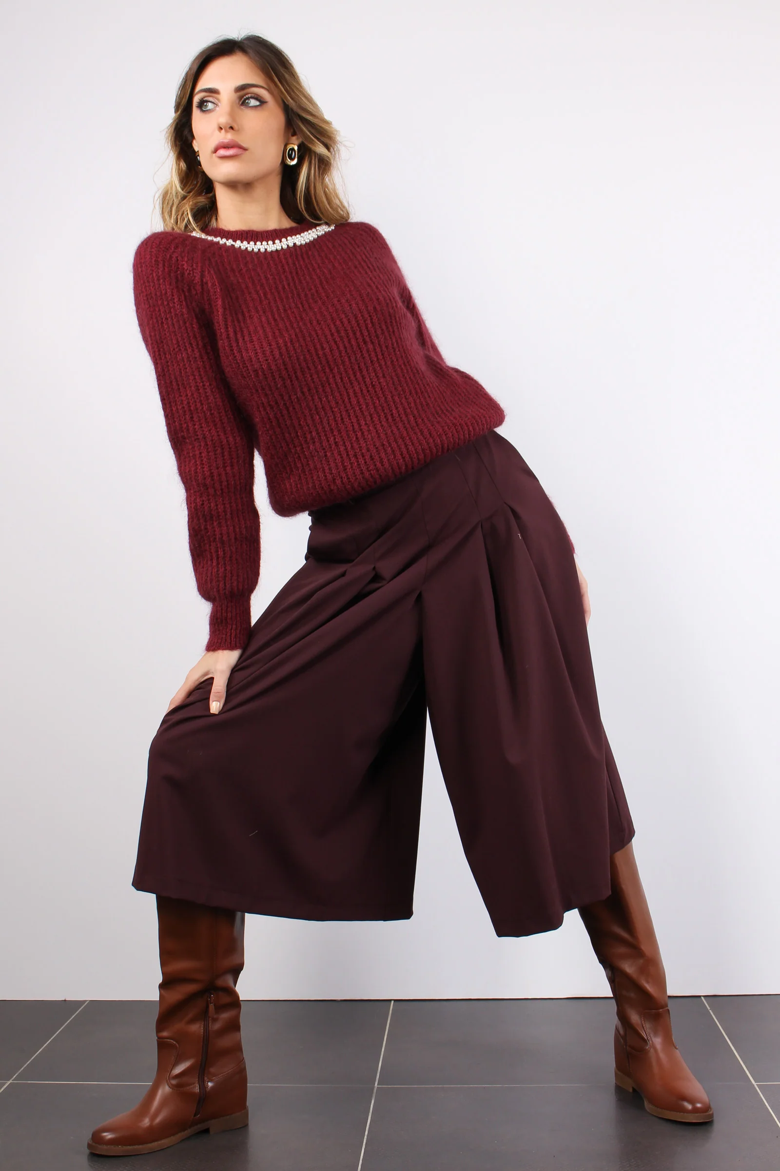 Gonna Pieghe Fresco Lana Vino - immagine 5