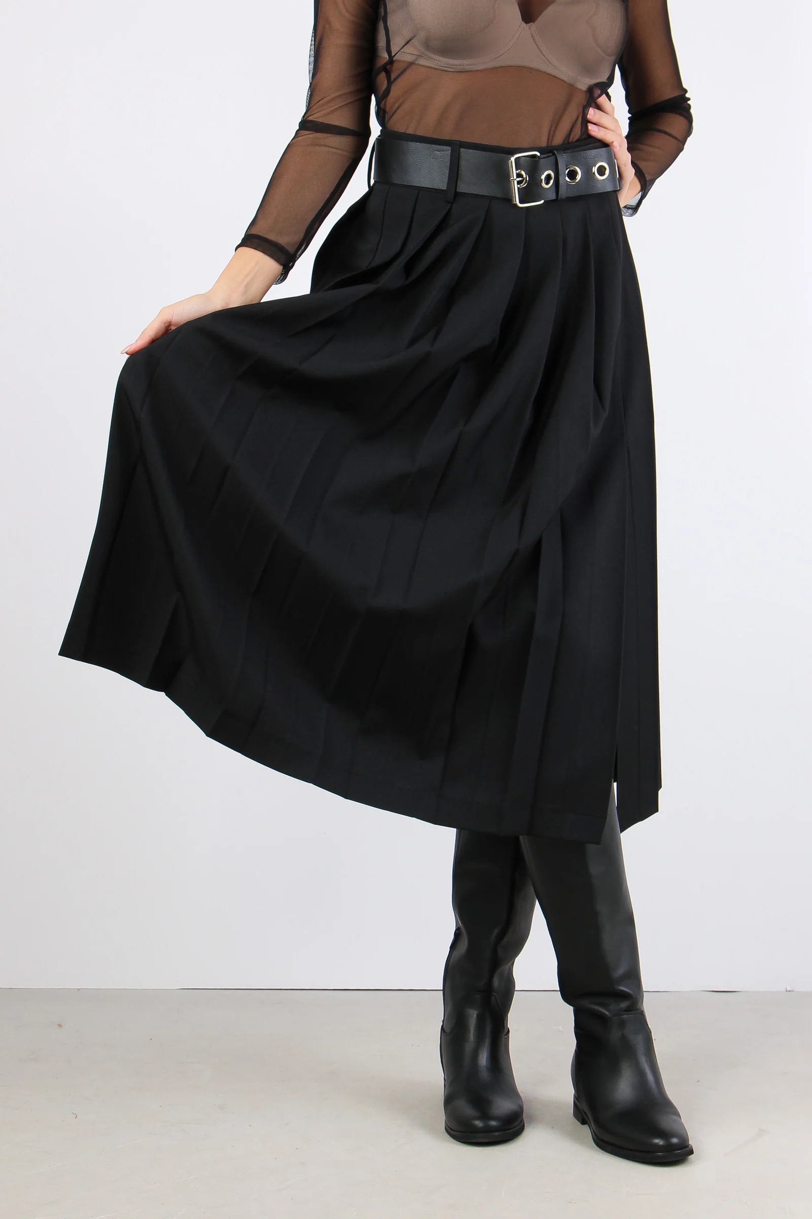 Gonna Midi Pieghe Nero - immagine 3