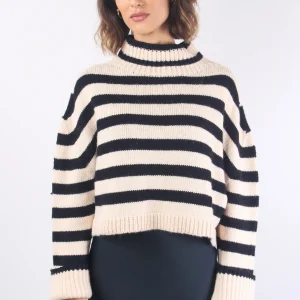 Maglia Righe Collo Sciallato Ecru/nero