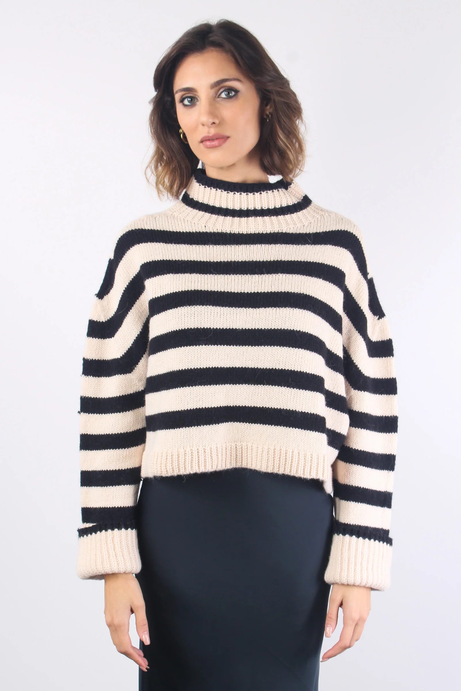 Maglia Righe Collo Sciallato Ecru/nero - immagine 2