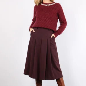 Gonna Pieghe Fresco Lana Vino