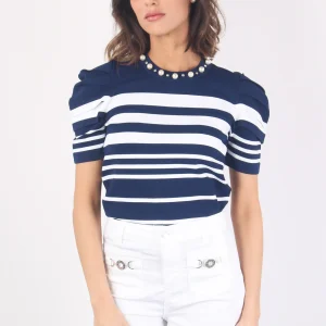 Maglia Righe Collo Perle Blu/bianco