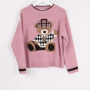 Pullover Ricamo Orsetto Gesso/lilla