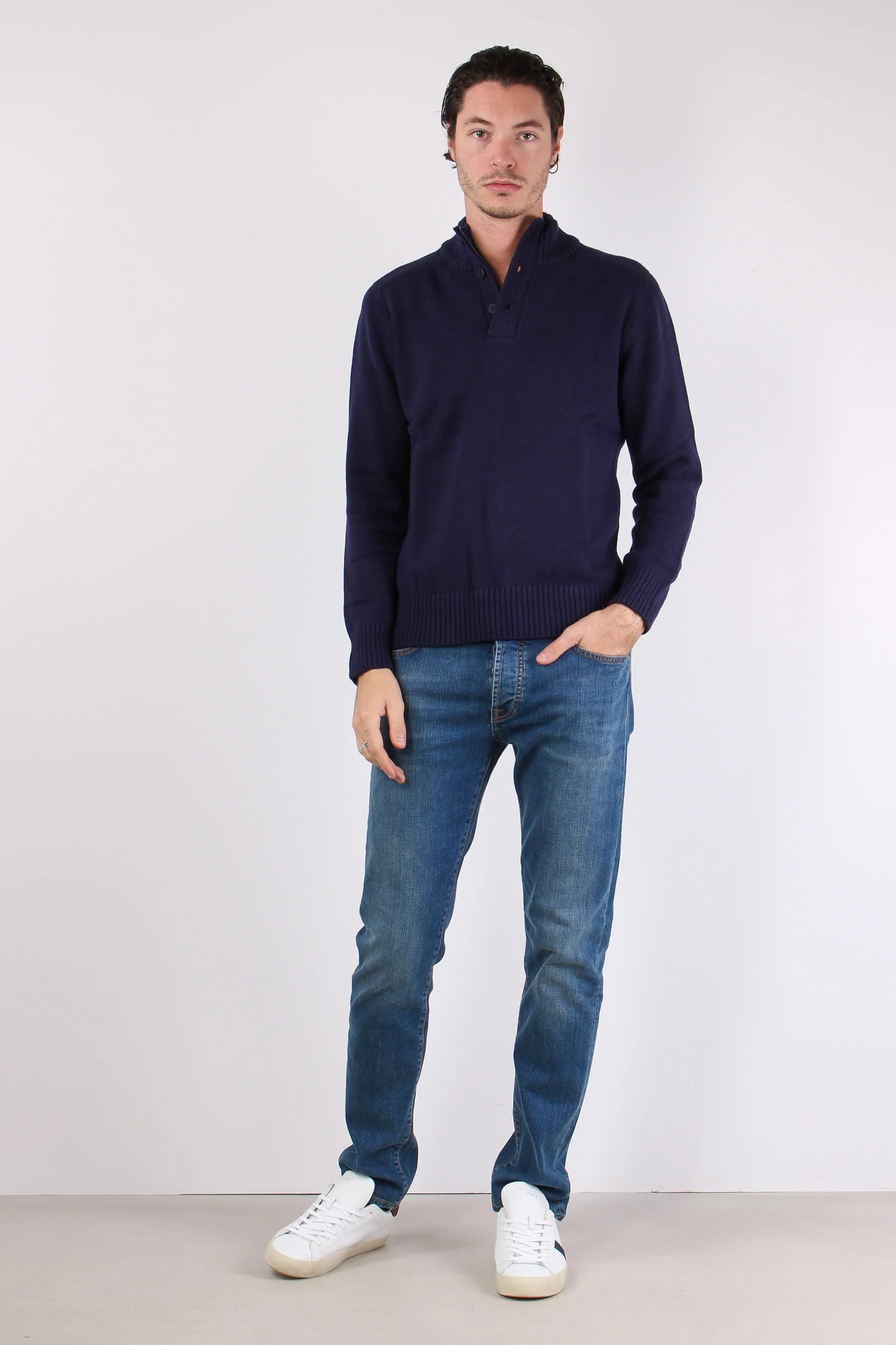 Collo Alto 3 Bottoni Cotone Poseidon Blue - immagine 4