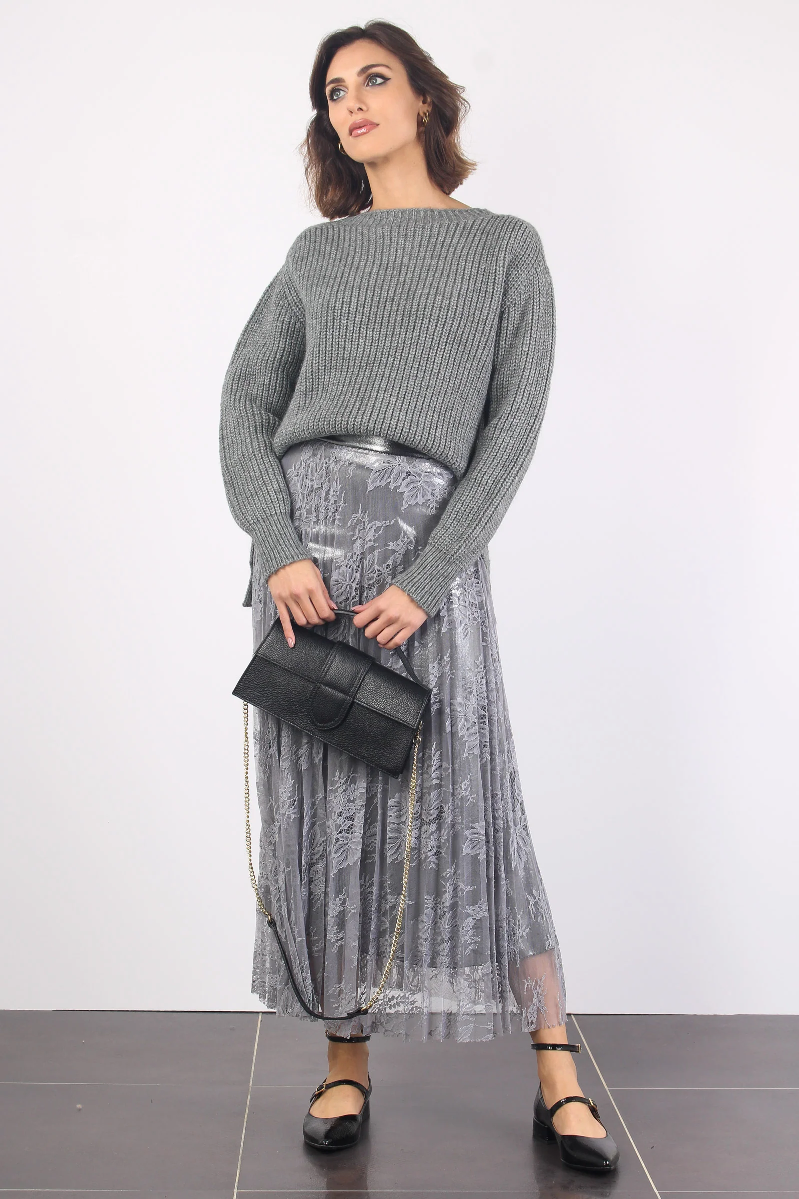 Gonna Lunga Pizzo Laminata Grigio Perla - immagine 7