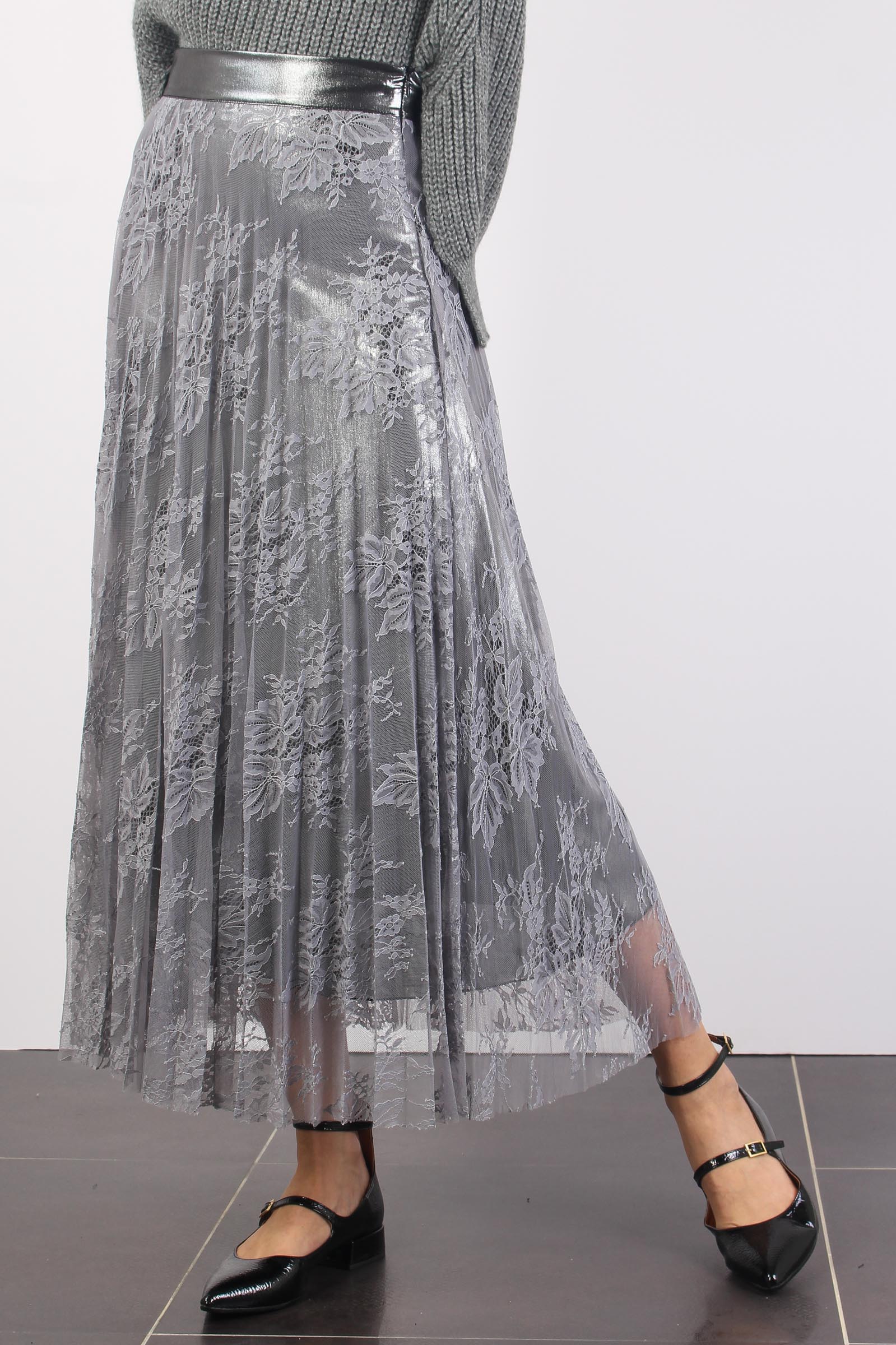 Gonna Lunga Pizzo Laminata Grigio Perla - immagine 6