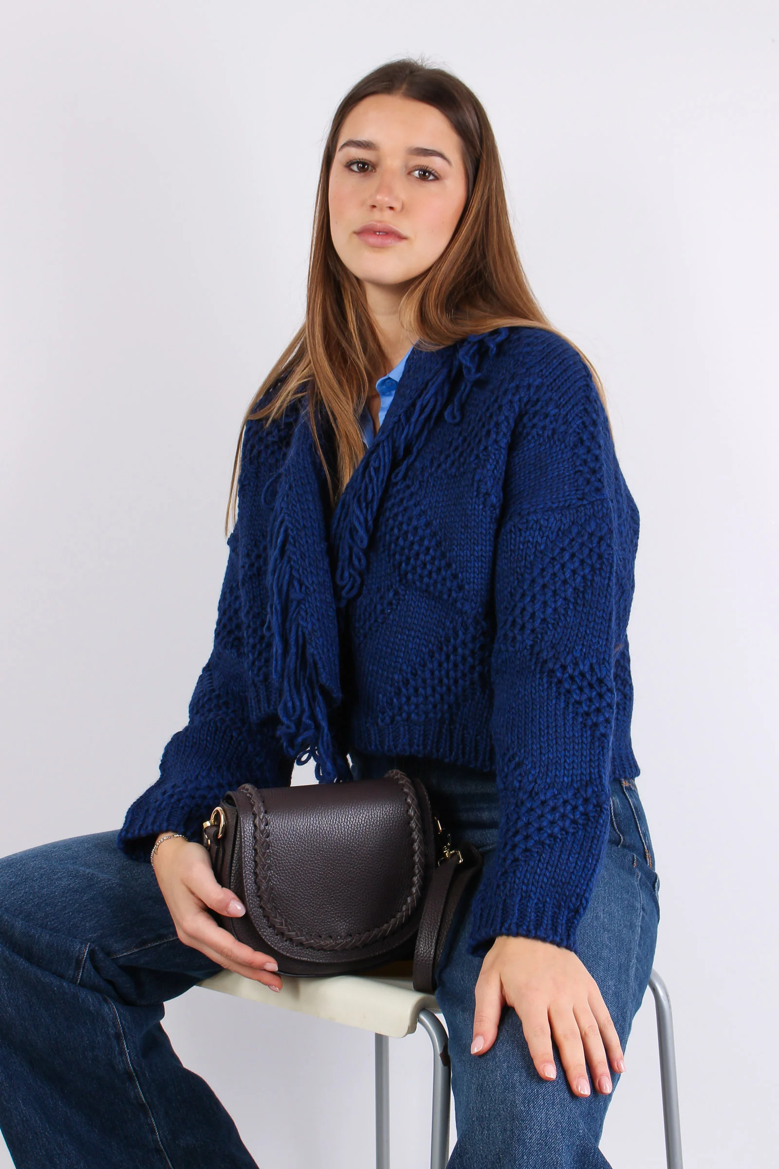 Cardigan Corto Effetto Uncinet Blu - immagine 4