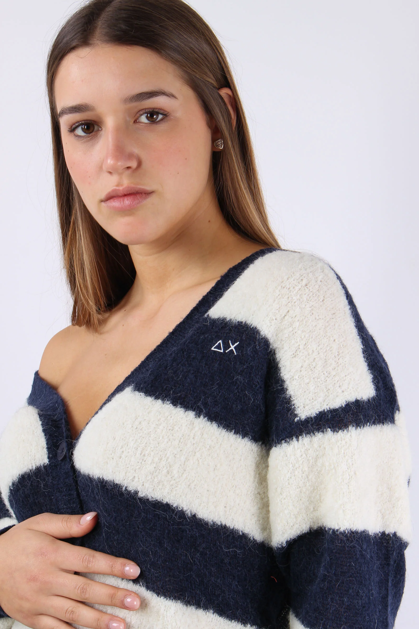 Cardigan Over Riga Bianco/navy - immagine 8