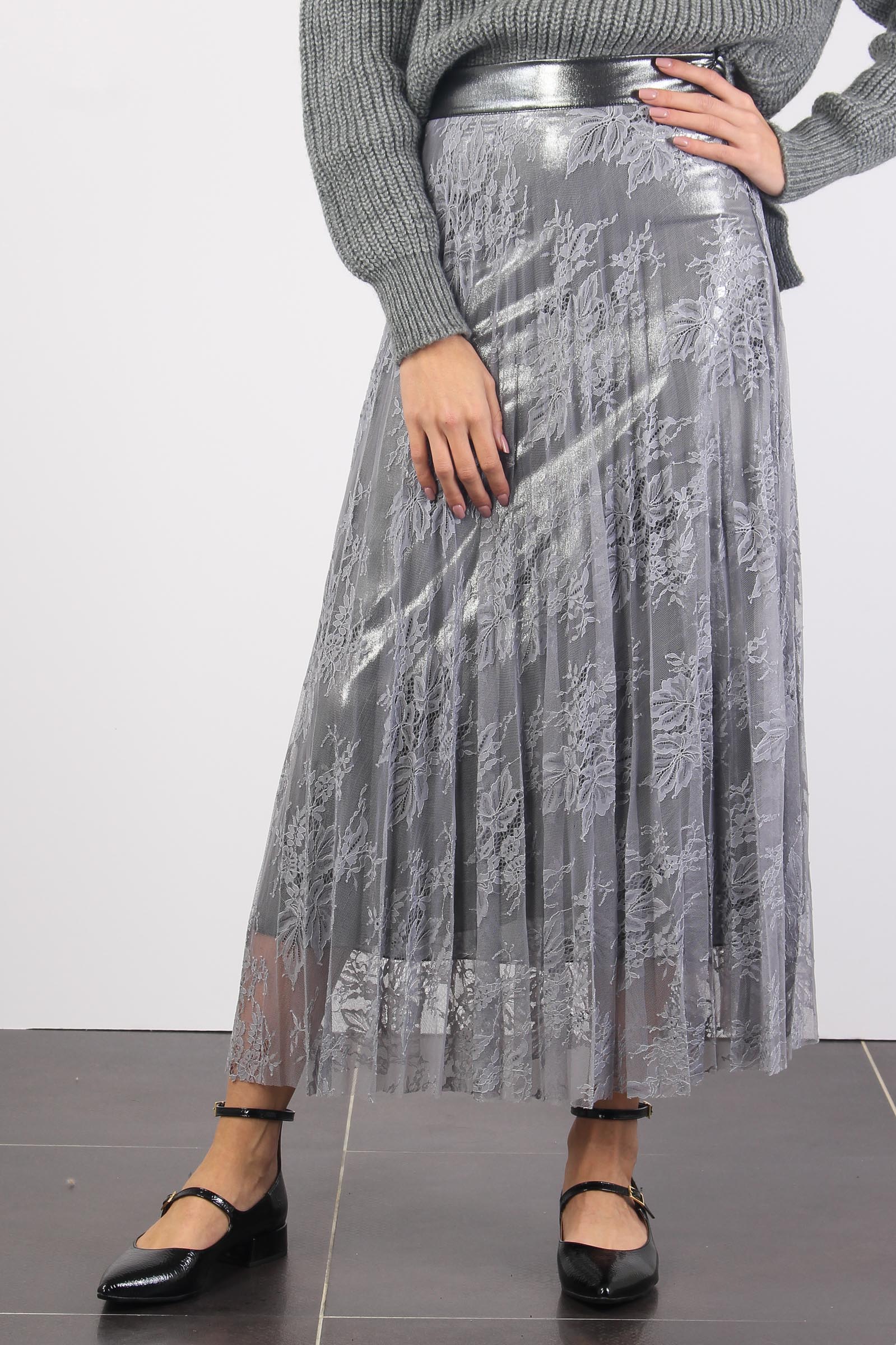 Gonna Lunga Pizzo Laminata Grigio Perla - immagine 3
