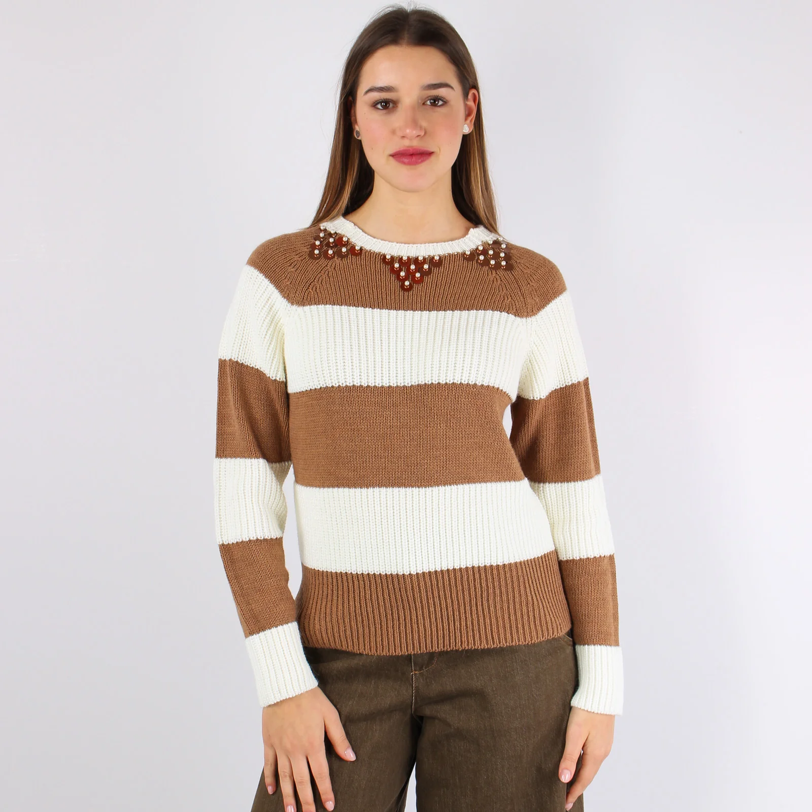 Maglia Riga Paillettes Panna/cammello - immagine 3