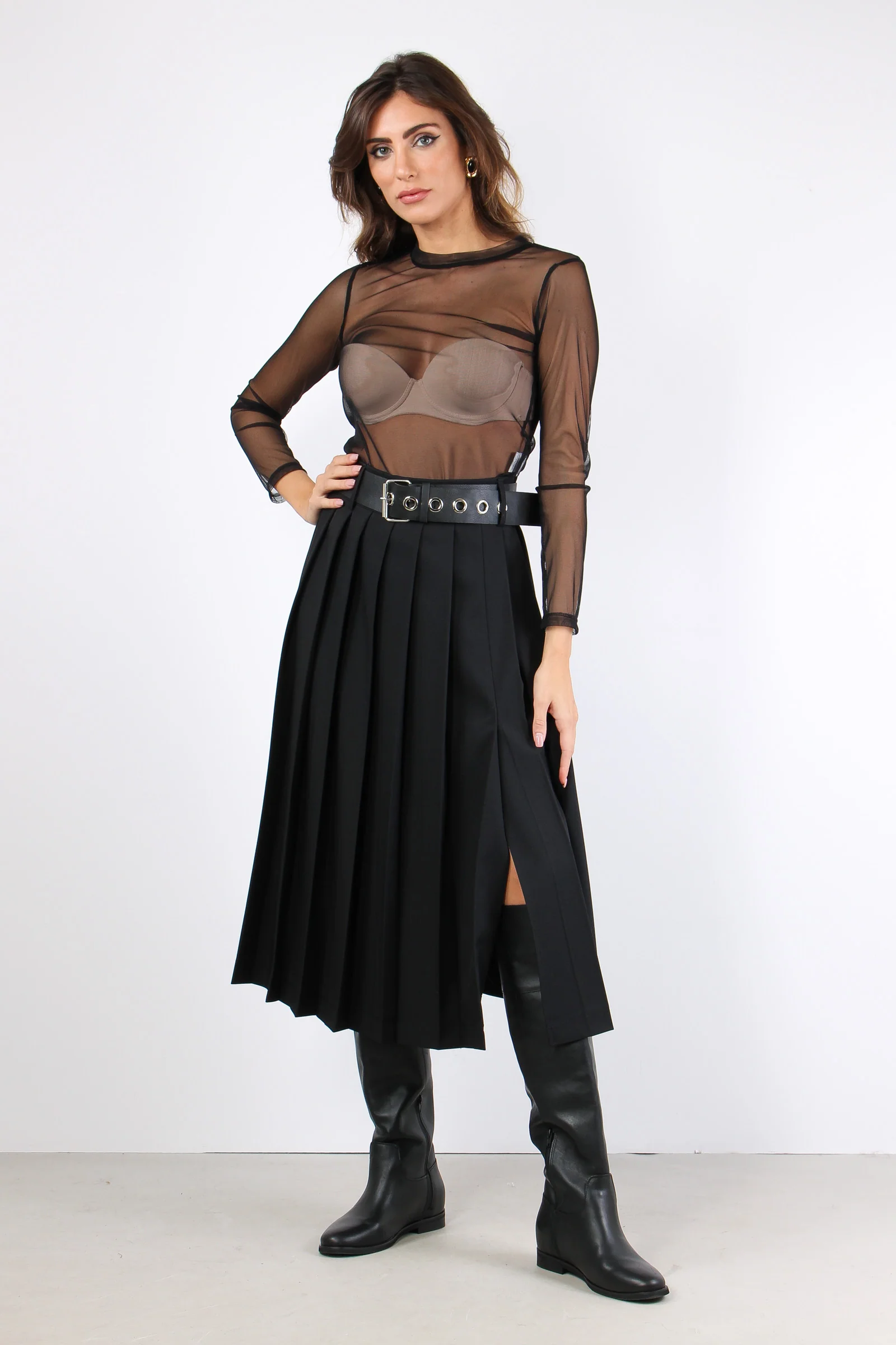 Gonna Midi Pieghe Nero - immagine 2