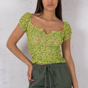 Top Arriccio Stampa Fiori Lime