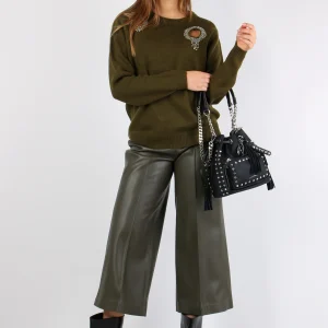 Maglia Aperture Davanti Strass Military Green