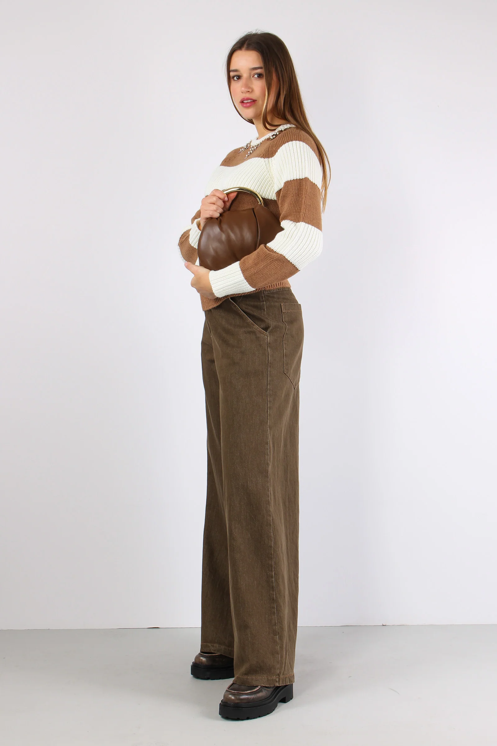 Maglia Riga Paillettes Panna/cammello - immagine 8