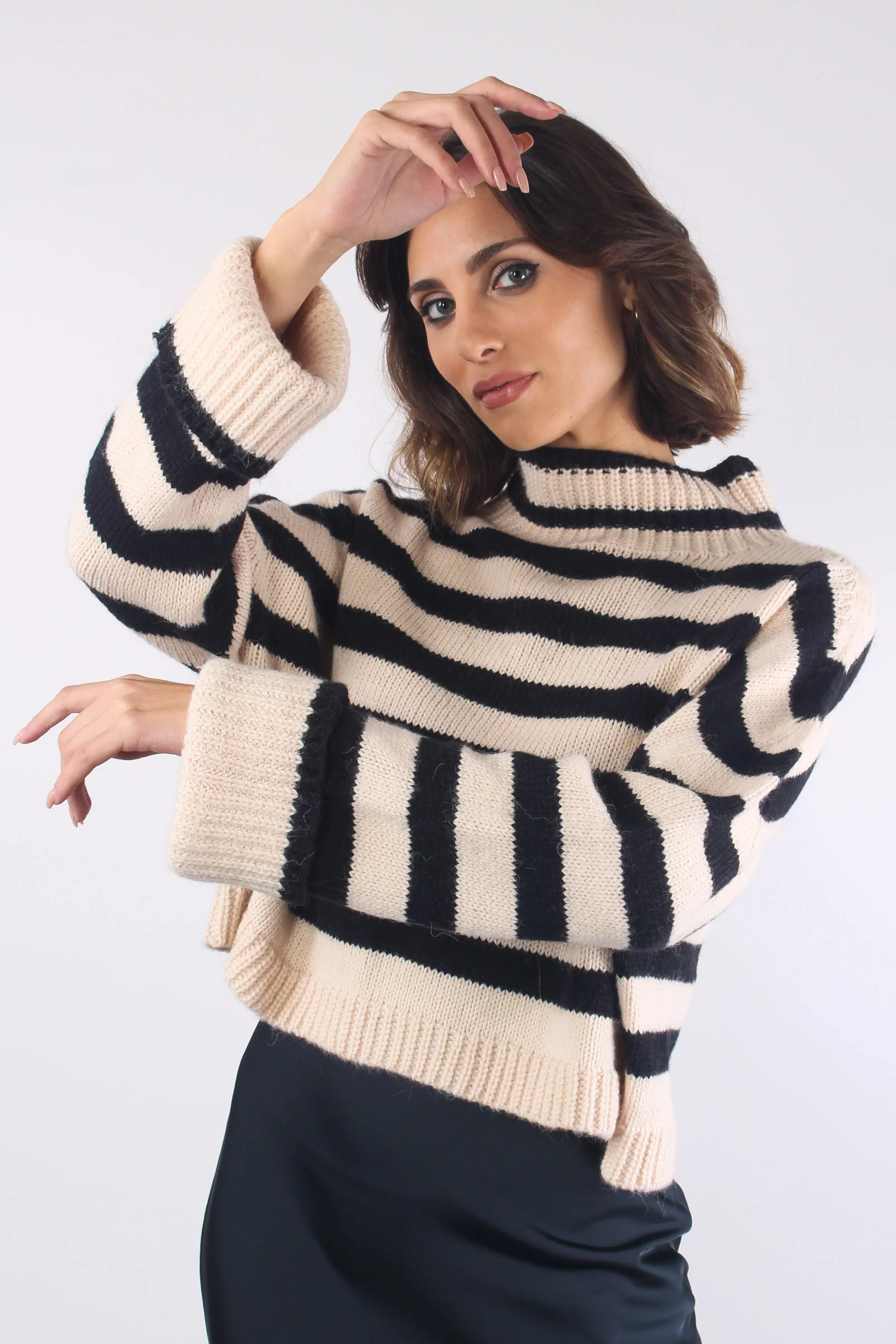 Maglia Righe Collo Sciallato Ecru/nero - immagine 7