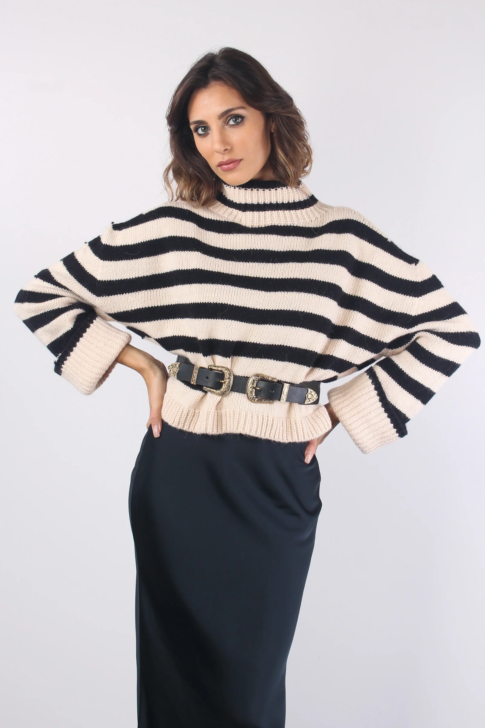 Maglia Righe Collo Sciallato Ecru/nero - immagine 5